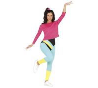 FIESTAS GUIRCA 80s Workout Fancy Dress Costume - Outfit with Pink Top and Multi-colored Aerobics Instructor Jumpsuit for Ladies Size M
