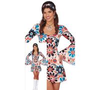 FIESTAS GUIRCA Flower Hippie Fancy Dress Women - 70s Short Hippie Dress Outfit with Flower Pattern & Hippie Headband - 60s Disco Fancy Dress Costumes for Women Size S