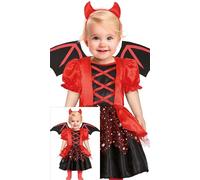 FIESTAS GUIRCA Adorable little Devil Baby Fancy Dress Costume - Toddler Costume Including Red Devil Dress with Glitter and Baby Devil Horns - Baby Girls Age 12-18 Months