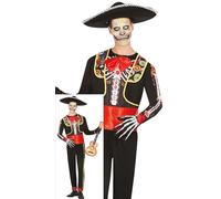 FIESTAS GUIRCA | Adult Mariachi Skeleton Costume - Jacket, Sash, Jumpsuit and Bow Tie - Halloween, Day of the Dead and Mexican Party Costumes - Ideal for Men