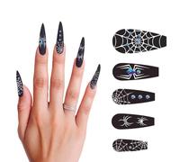 FIESTAS GUIRCA | Costume Artificial Nails Set Woman - Black | Long Stiletto Tips | Glossy Dark | Spider Web, Spider Motifs | Blue Gems | Adhesive | Halloween, Karneval, Fasching