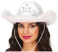 FIESTAS GUIRCA | Costume Cowboy Hat Women - White Feather Trim - Tiara Gem | Soft Border | Sparkling Centrepiece | Shimmering Edge | Adjustable Strap | Felt | Carnival, Hen Party & Halloween