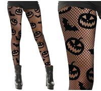 FIESTAS GUIRCA | Costume Fishnet Tights Adult Woman - Black | Opaque Pumpkin & Bat Motifs | Sheer Mesh Effect | Polyester, Spandex | Full-Length | Halloween, Karneval & Fasching