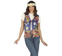 FIESTAS GUIRCA | Costume Hippie Vest Adult Woman - Multicoloured Print | Psychedelic Pattern | Fringe Detail | Tie Fastening | Polyester | Blue/multicolour | Carnival, Halloween, Party