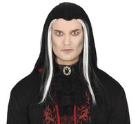 FIESTAS GUIRCA | Costume Vampire Wig Adult Man - Black, White - Long Hair | Straight Layered Style | Dark with Pale Streaks | Synthetic Fibres | For Men | Halloween, Carnival
