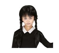 FIESTAS GUIRCA | Costume Wig Child Girl - Black Braids with Bangs | Two Long Plaits | Straight Fringe | Dark Ribbons | Synthetic Hair | Small Size | Halloween, Carnival, Fancy Dress