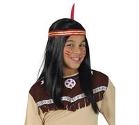 FIESTAS GUIRCA | Costume Wig with Headband and Feather Kids - Black - Long | Straight Synthetic Strands | Red Band Detail | Upright Red Plume | Child Size | Carnival, Halloween, School Play