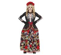 FIESTAS GUIRCA Day of the Dead Fancy Dress Costume - Elegant Long Dress and Headband with Flowers for Girls 10-12 Years