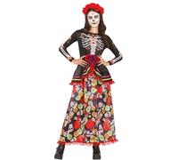 FIESTAS GUIRCA Day of the Dead - Long Dress with Skull Print and Flowers Headband Fancy Dress Costume Adult Woman Size S 8-10