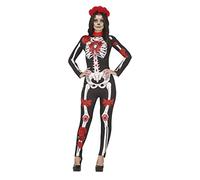 FIESTAS GUIRCA Day of the Dead - Long Jumpsuit with Skeleton, Flowers and Jewels Print Fancy Dress Costume Adult Woman Size S 8-10