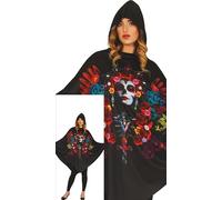 FIESTAS GUIRCA Day of the Dead Poncho Women Fancy Dress Costume - Black Poncho with Sugar Skull Print - Halloween Costumes for Women Size L