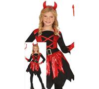 FIESTAS GUIRCA Fiery Devil Girls Fancy Dress Costume - Including Devil Horns Headband & Red Shiny Deviless Dress - Halloween Girls Costumes Age 5-6 Years