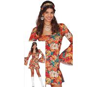 FIESTAS GUIRCA Flower Power Fancy Dress Women - 70s Short Hippie Dress Outfit with Flower Pattern & Hippie Headband - 60s Disco Fancy Dress Costumes for Women Size L