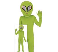FIESTAS GUIRCA Green Alien Boys & Girls Fancy Dress Costume - Extraterrestrial Costume including Alien Head, Jumpsuit, Gloves - Halloween Costumes for Kids Age 7-9 Years