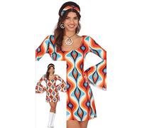 FIESTAS GUIRCA Groovy Hippie Fancy Dress Women - 70s Short Hippie Dress Outfit with Hippie Headband - 60s Disco Fancy Dress Costumes for Women Size M