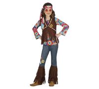 FIESTAS GUIRCA Happy Hippie Girl Fancy Dress Costume - 70s Attire with Hippie Headband, Multicoloured Tie-Dye T-Shirt, Waistcoat and Trousers for Children 10-12 Years