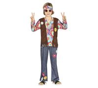 FIESTAS GUIRCA Hippie Boy Fancy Dress Costume - 70s Kids Attire with Hippie Headband, Multicoloured Tie-Dye T-Shirt, Waistcoat and Trousers for Children 10-12 Years