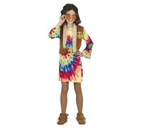 FIESTAS GUIRCA Hippie Girl Fancy Dress Costume - 70s Outfit with Multicoloured Tie-Dye Dress and Waistcoat for Children 10-12 Years