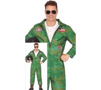 FIESTAS GUIRCA Hunky Fighter Jet Pilot Mens Fancy Dress Costume - Green Aviator Jumpsuit Fancy Dress Men Size L