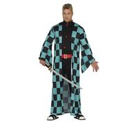 FIESTAS GUIRCA Manga Warrior- Anime Hero Turquoise Checked Blue and Black Kimono for Men Size L