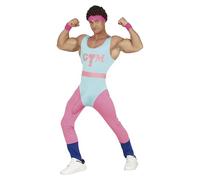 FIESTAS GUIRCA Naughty 80's Workout Costume with Surprise Fancy Dress Costume - Funny Pink and Light Blue Aerobics Instructor Costume with a Willy for Men Size L