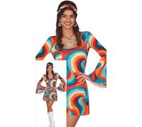 FIESTAS GUIRCA Psychedelic Hippie Fancy Dress Women - 70s Short Hippie Dress Outfit with Hippie Headband - 60s Disco Fancy Dress Costumes for Women Size M