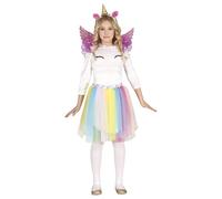 FIESTAS GUIRCA Rainbow Unicorn with Wings Fancy Dress Costume - Girls Outfit with Multicoloured Tutu Dress, Golden Unicorn Headband, Pink Wings for Children 10-12 Years