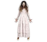 FIESTAS GUIRCA Sad Ghost - Tiara with Veil and Dirty White Wedding Dress Fancy Dress Costume Adult Woman Size S 8-10