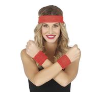 FIESTAS GUIRCA | Set of 2 Wristbands and Red Ribbon (One Size) - Retro Accessory for 1980s Costume and Sports - Ideal for Costume Parties and Celebrations - Unisex Adult - Red