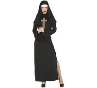 FIESTAS GUIRCA Sexy Nun - Black Robe with Leg Slit and Veil Fancy Dress Costume Adult Woman Size L 14-16
