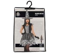 FIESTAS GUIRCA Silver Glitter Witch Halloween Costume Adult Women - Spiderweb Witch Adults Fancy Dress Costumes Women Size M 10-12