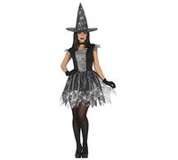 FIESTAS GUIRCA Silver Glitter Witch Halloween Costume Adult Women - Spiderweb Witch Adults Fancy Dress Costumes Women Size M 10-12