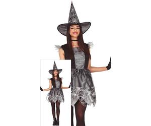 FIESTAS GUIRCA Silver Glitter Witch Women Fancy Dress Costume - Spiderweb Witch Costume including Witch Hat - Halloween Costumes for Women Size Teens 14-16 Years