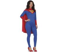 FIESTAS GUIRCA Super Heroine Fancy Dress Women - Blue Superhero Jumpsuit with Red Cape - Fancy Dress Costumes for Women Size L 14-16