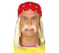 FIESTAS GUIRCA | Wig with Red Kerchief and Blonde Moustache - Fancy Dress Accessory for Adult Men - Ideal for Themed Parties and Sports Celebrations - Perfect for Carnival and Halloween - Red