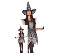 FIESTAS GUIRCA | Witch Costume Teen Girl - Dress - Black Silver 14-16 Years | 2-piece Set | Pointed Hat | Jagged Hem | Spiderweb Print | Polyester | 14-16 | Halloween, Carnival
