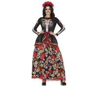 FIESTAS GUIRCA Day of the Dead - Long Dress with Skull Print and Flowers Headband Fancy Dress Costume Adult Woman Size M 10-12