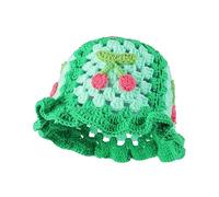 Fiewmay Crochet Bucket Hat for Women Handmade Floral Hat Portable Knitted Elastic Cute Beach Hat for Vacation Traveling, Cherry Green, One Size