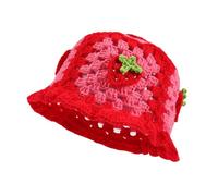 Fiewmay Crochet Bucket Hat for Women Handmade Floral Hat Portable Knitted Elastic Cute Beach Hat for Vacation Traveling, Strawberry Red, One Size