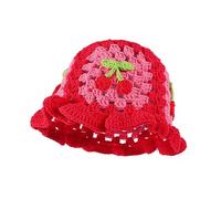 Fiewmay Crochet Bucket Hat for Women Handmade Floral Hat Portable Knitted Elastic Cute Beach Hat for Vacation Traveling, Cherry Red, One Size