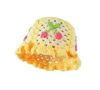Fiewmay Crochet Bucket Hat for Women Handmade Floral Hat Portable Knitted Elastic Cute Beach Hat for Vacation Traveling, Cherry Yellow, One Size