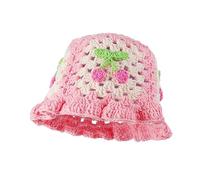 Fiewmay Crochet Bucket Hat for Women Handmade Floral Hat Portable Knitted Elastic Cute Beach Hat for Vacation Traveling, Cherry Pink, One Size