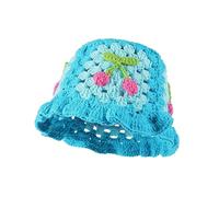 Fiewmay Crochet Bucket Hat for Women Handmade Floral Hat Portable Knitted Elastic Cute Beach Hat for Vacation Traveling, Cherry Blue, One Size