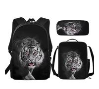 fifbird 3 PCS Backpack Set Black Ti-ger Animal Schoolbag With Lunch Case Pencil Box C-1816