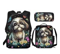 fifbird 3 PCS Backpack Set Cute Shih Tzu Floral Schoolbag With Lunch Case Pencil Box C-1916