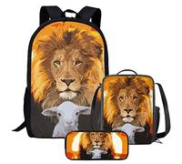 fifbird 3 PCS Backpack Set Lamb and Lion Three Pcs Schoolbag With Lunch Case Pencil Box
