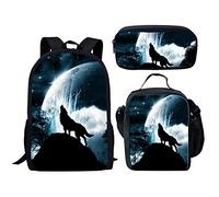 fifbird 3 PCS Backpack Set Wolf 2-3 Schoolbag With Lunch Case Pencil Box