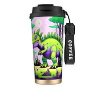 fifbird 316 Stainless Steel Green Dinosaur Double Drink Coffee Cup Black, Insulated Travel Mug with Straw, Portable