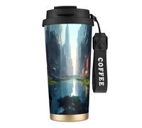 fifbird 316 Stainless Steel The City on The Water Double Drink Coffee Cup Black, Insulated Travel Mug with Straw, Portable