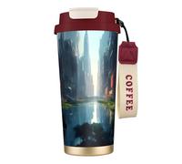 fifbird 316 Stainless Steel The City on The Water Double Drink Coffee Cup Red, Insulated Travel Mug with Straw, Portable